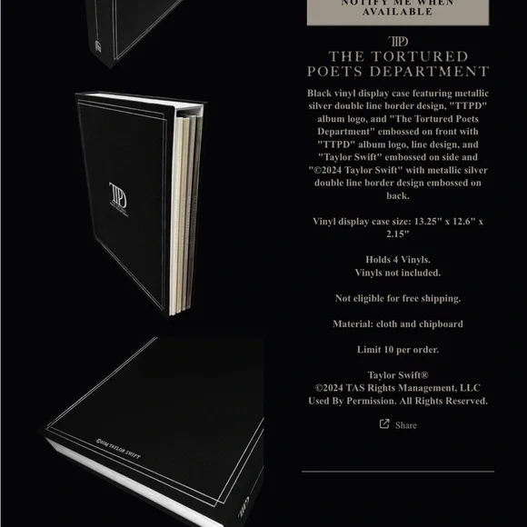 Taylor Swift The Tortured Poets Department Vinyl Display Case Cover